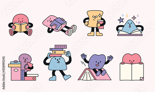 Cute geometric characters. Reading books, sleeping, or playing. Illustrations on the theme of reading.