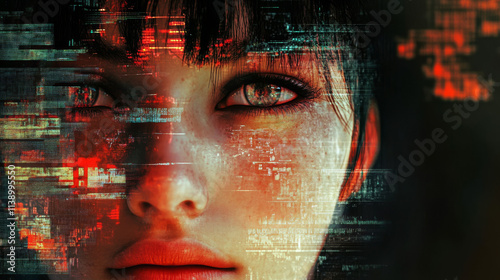 Digital Identity: Cyberpunk Woman, Virtual Nation, High Contrast Portrait photo