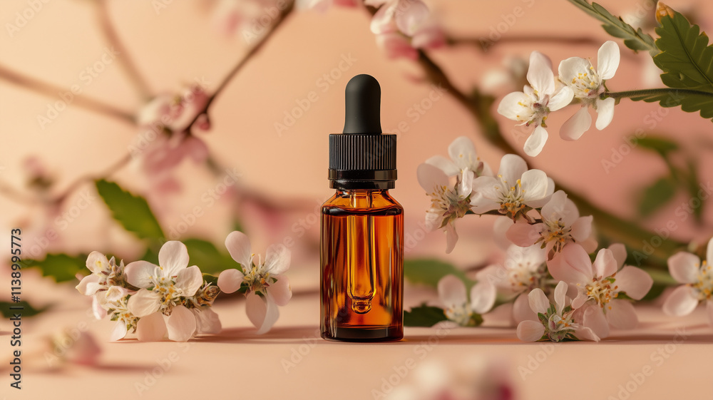 Macro shot of a bottle with CBD or THC oil sitting amongst cherry blossoms with a pink background. For legal cannabis advertisement. Macro shot of a bottle with CBD or THC oil sitting amongst cherry blossoms with a pink background. For legal cannabis advertisement.