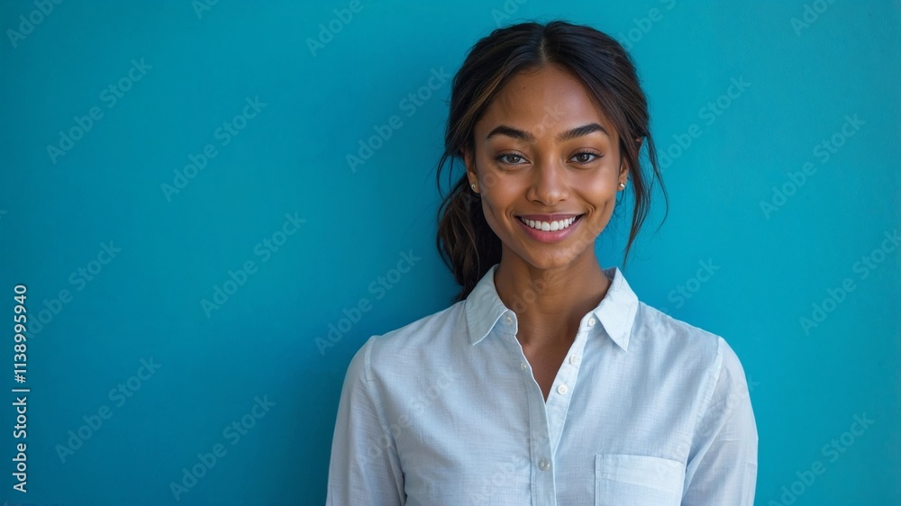 Smiling young woman in tech, wearing a light blue shirt, with soft lighting and a clean blue background, embodying professionalism and approachability. Smiling young woman in tech, wearing a light blue shirt, with soft lighting and a clean blue background, embodying professionalism and approachability.