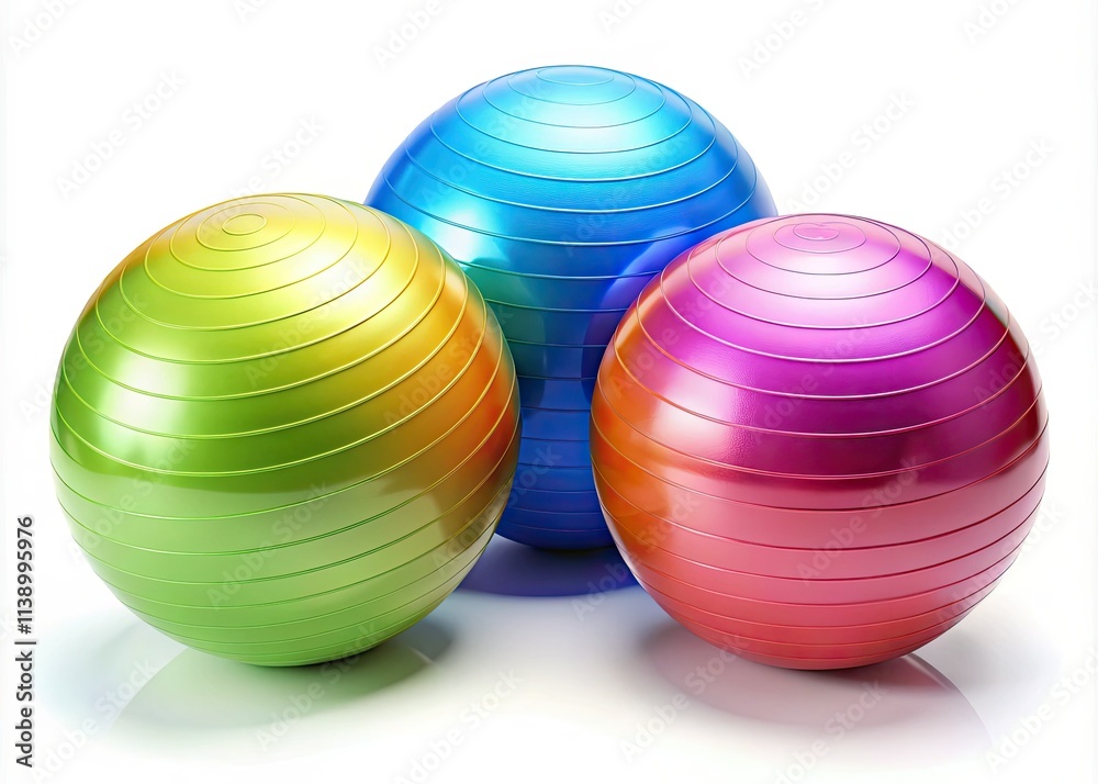 Crisp 3D render: fitness balls, high-DOF studio shot, perfectly isolated on a pristine white background.