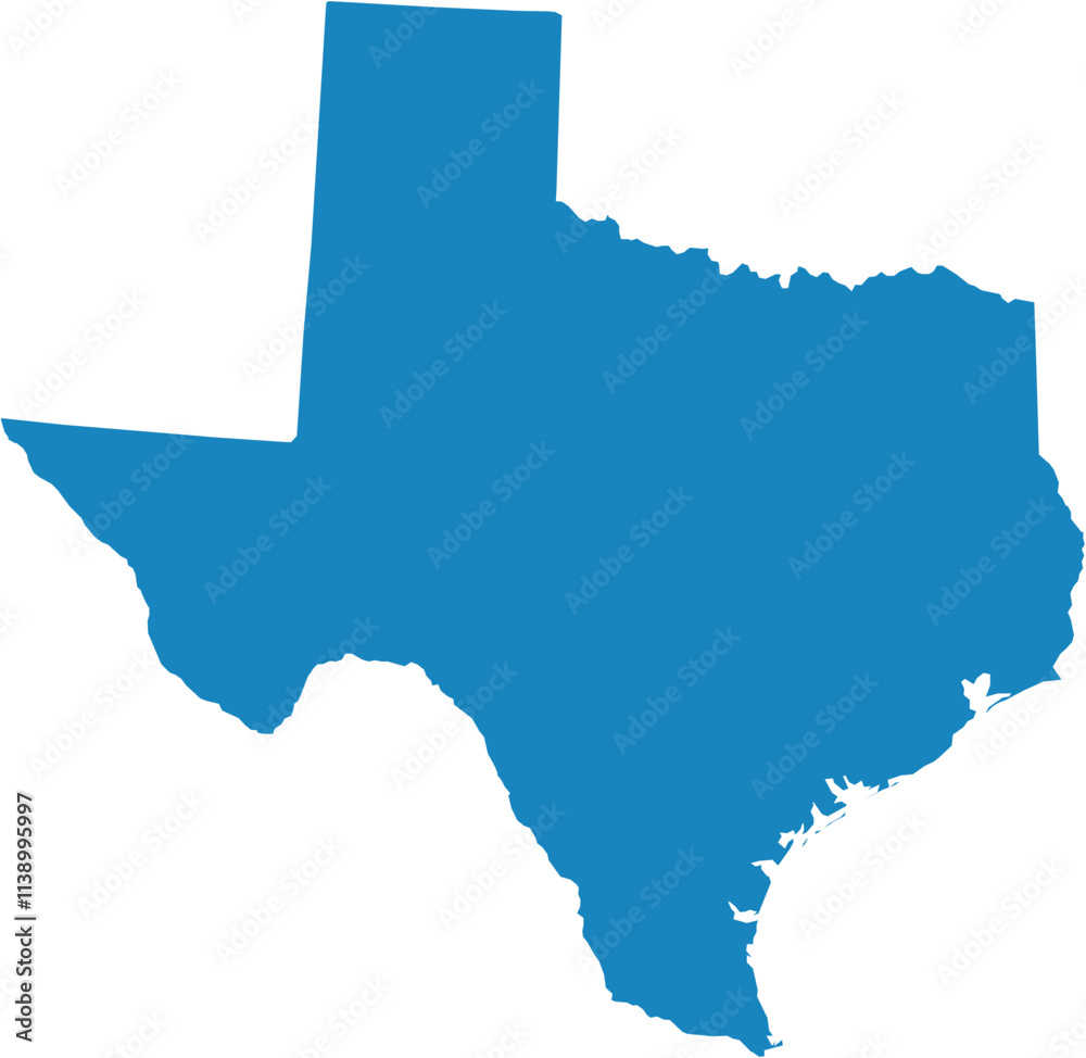 Fototapeta premium A high-detail vector illustration of the state of Texas in blue color with a clean white outline. Perfect for infographics, educational projects, maps, and graphic design. Fully editable and scalable 