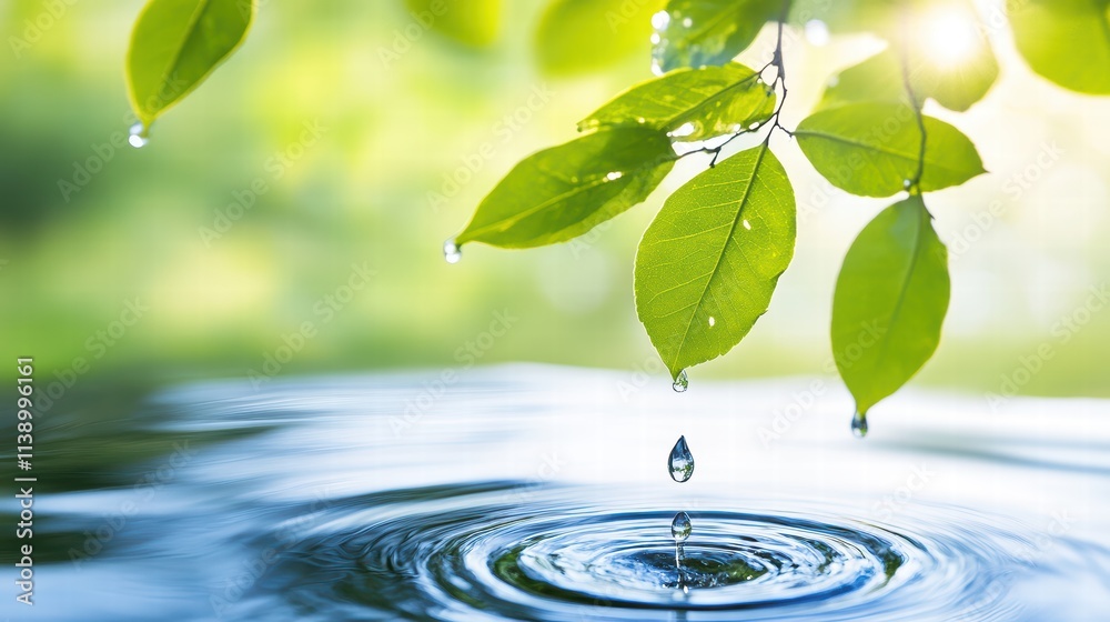 Fresh Water Drops on Green Leaves over Calm Water Surface Fresh Water Drops on Green Leaves over Calm Water Surface