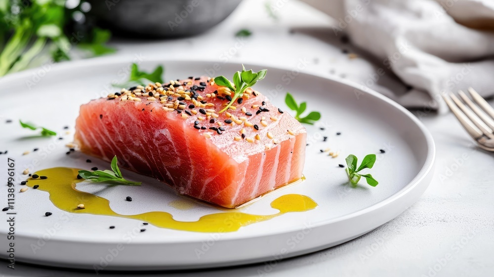 Fresh raw salmon fillet on white plate garnished with herbs and sesame seeds Fresh raw salmon fillet on white plate garnished with herbs and sesame seeds