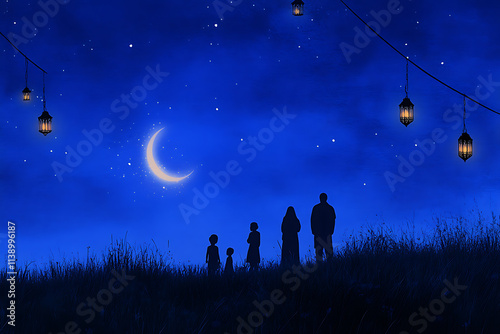 Family Gazing at the Crescent Moon A Ramadan Night of Tranquility