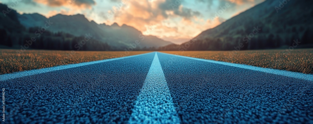 A clear path ahead, focused at the start, ready to push forward with speed and determination, this open road stretches into the distance under a sky painted with the colors of dawn, promising