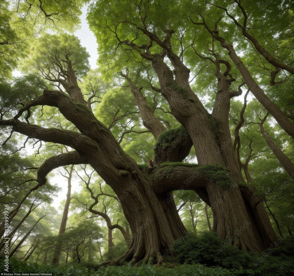 A majestic tree with sprawling branches and lush green foliage in a serene forest setting. A majestic tree with sprawling branches and lush green foliage in a serene forest setting.