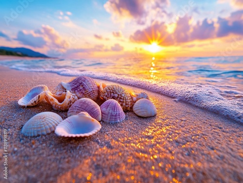 Capture the magic of summer with this idyllic coastline scene, where scattered seashells gleam on the soft sands, gentle waves reflect the warm sunset hues, and pure relaxation fills the air Explore photo