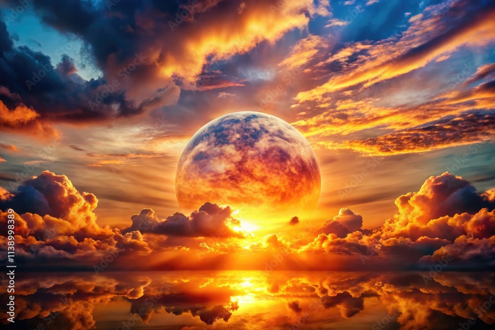 Fototapeta premium Dreamy sunset: fluffy clouds and golden sun merge in a double exposure, creating a surreal cloudscape.