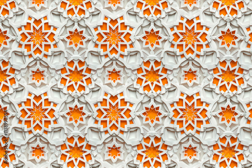 Intricate Geometric Pattern Featuring Orange and White Stars in a Repetitive Design for Modern Aesthetics