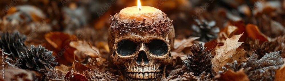 Naklejka premium Discover a hauntingly beautiful display with this seasonal skull decor This festive piece combines the macabre charm of a skull with the warm, inviting colors of fall, making it the perfect