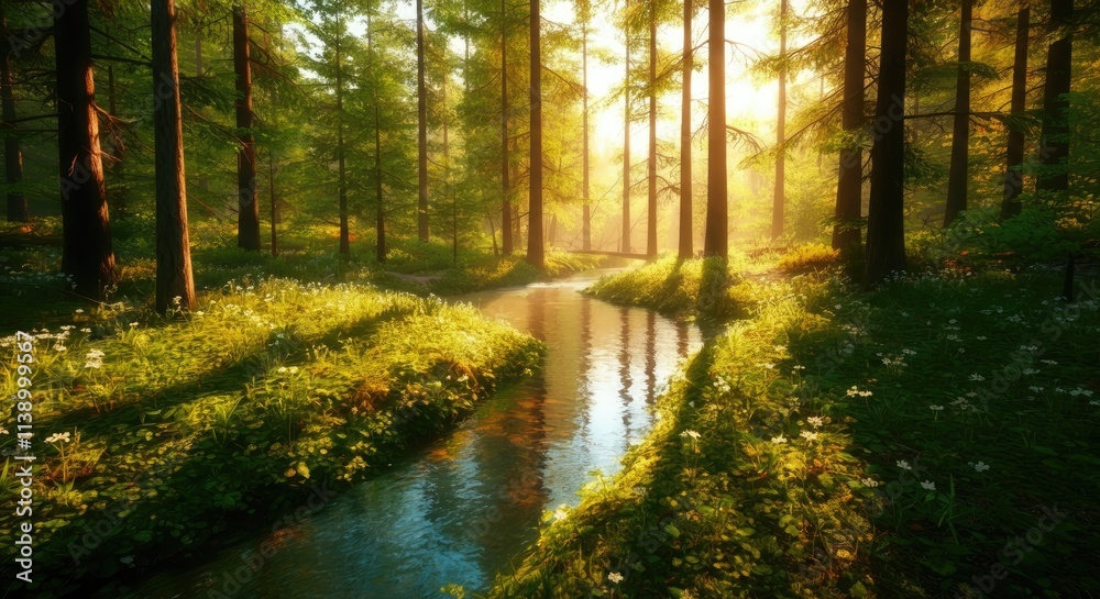 Obraz premium Serene forest with sunlit stream and lush greenery