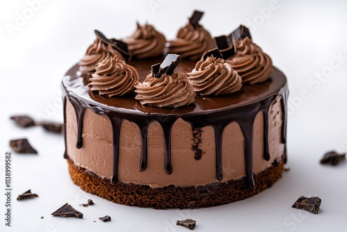 Chocolate cake with swirls on white backdrop, indulgent dessert photo