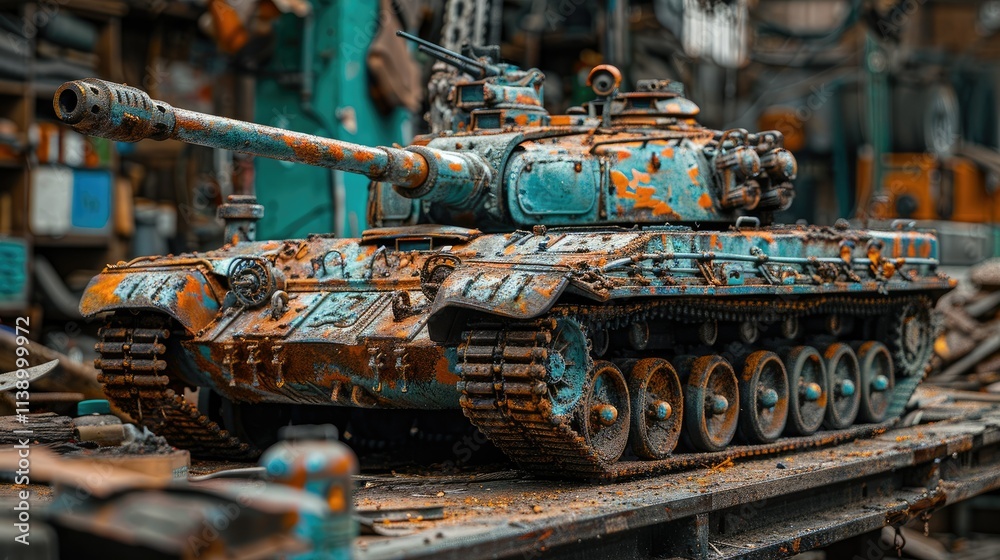 Rusted teal toy tank model on workbench. Rusted teal toy tank model on workbench.