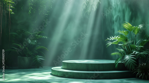 Serene Indoor Jungle Scene with Green Plants and Soft Sunlight Streaming Through. Copy space for product