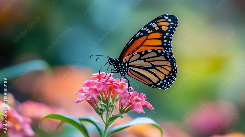 Naklejka premium Monarch Butterfly on Pink Flower. Nature, Beauty, Wildlife