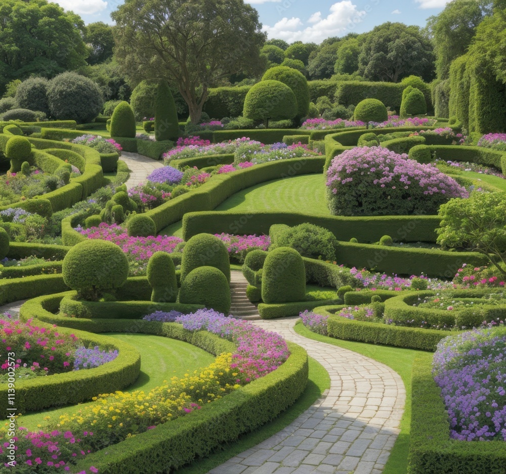 A beautifully designed garden with curved pathways and vibrant flowers. A beautifully designed garden with curved pathways and vibrant flowers.