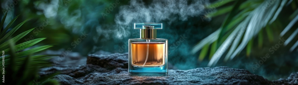 Experience the allure of night with our glamorous beauty fragrance mist, captured in this artistic perfume still life A delicate spray emerges from the bottle under the subtle glow of moonlight