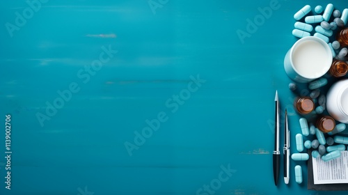 A Vibrant Scene of Modern Healthcare: Aesthetic Display of Pills and Medical Supplies on a Teal Background. Copy space background