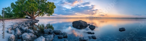 Experience the breathtaking spectacle of a Vibrant evening light transitioning into deep blues, serene and infinite, reflecting on calm waters at dusk This panoramic view captures the magic of