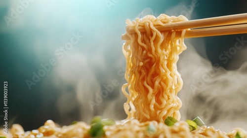 Experience the tantalizing close-up of chopsticks lifting steaming noodles, a symphony of texture and flavor that will captivate your senses This image showcases the journey from the bowl to the photo