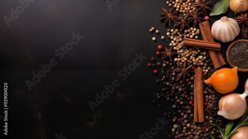 A Captivating Display of Aromatic Spices, Herbs, and Culinary Essentials for Gourmet Cooking. Copy space background and flat lay angle