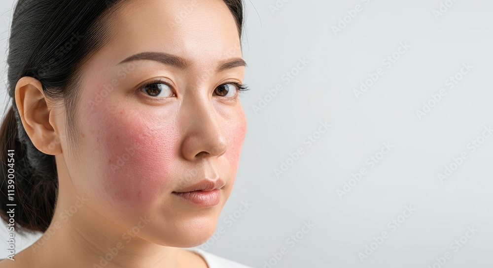 Asian woman with noticeable facial redness, likely skin condition Clear background Close-up shot Asian woman with noticeable facial redness, likely skin condition Clear background Close-up shot