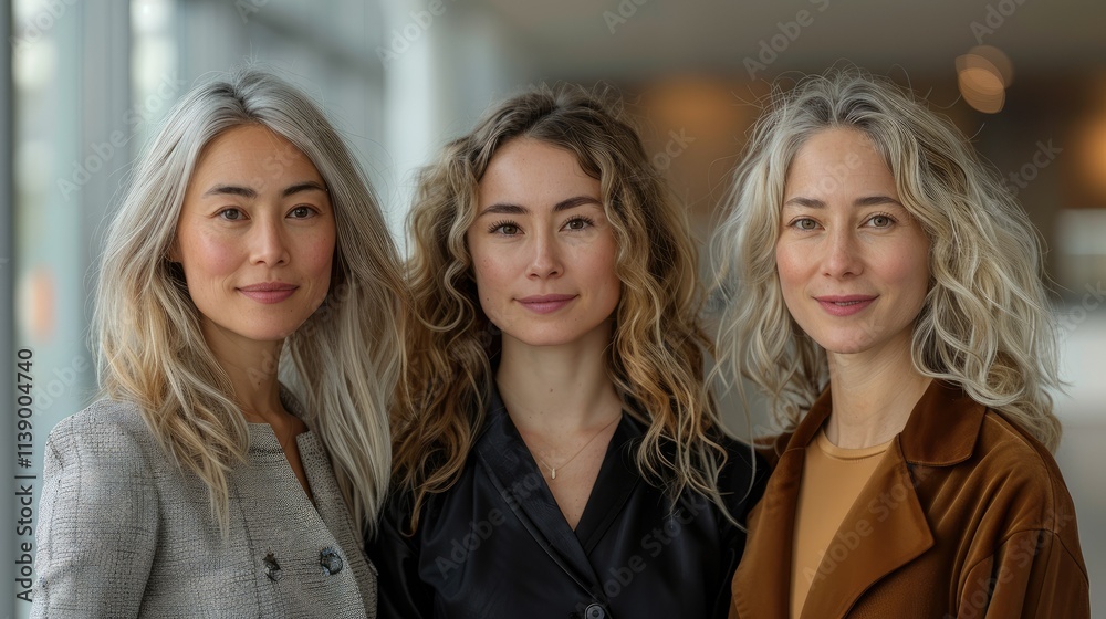 Three diverse women with different hairstyles and skin tones posing for a portrait. Three diverse women with different hairstyles and skin tones posing for a portrait.