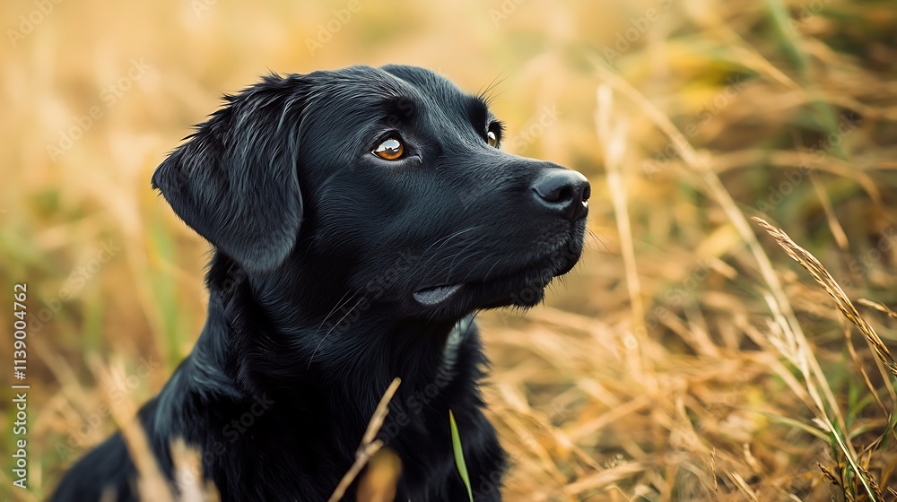 Black Labrador Puppy in Golden Wheat Field. Cute Dog Outdoors. Black Labrador Puppy in Golden Wheat Field. Cute Dog Outdoors.