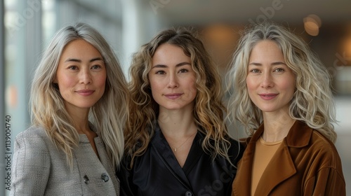 Three diverse women with different hairstyles and skin tones posing for a portrait.