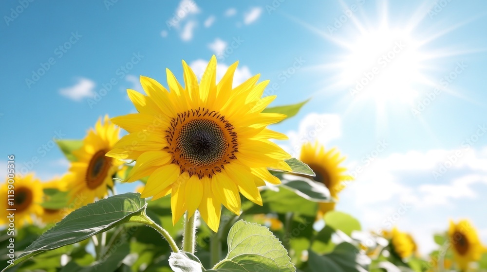 Bright sunflowers basking in sunlight against a blue sky. Bright sunflowers basking in sunlight against a blue sky.