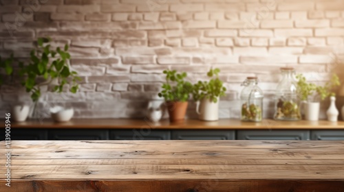 Elegant Wooden Table Surrounded by Greenery and Glass Jars in a Cozy Kitchen Setting