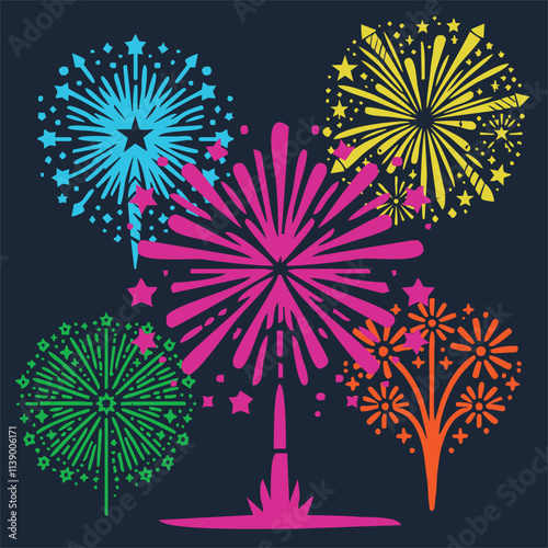 Fireworks with stars and sparks . Festival colorful fireworks. Holiday vector set.