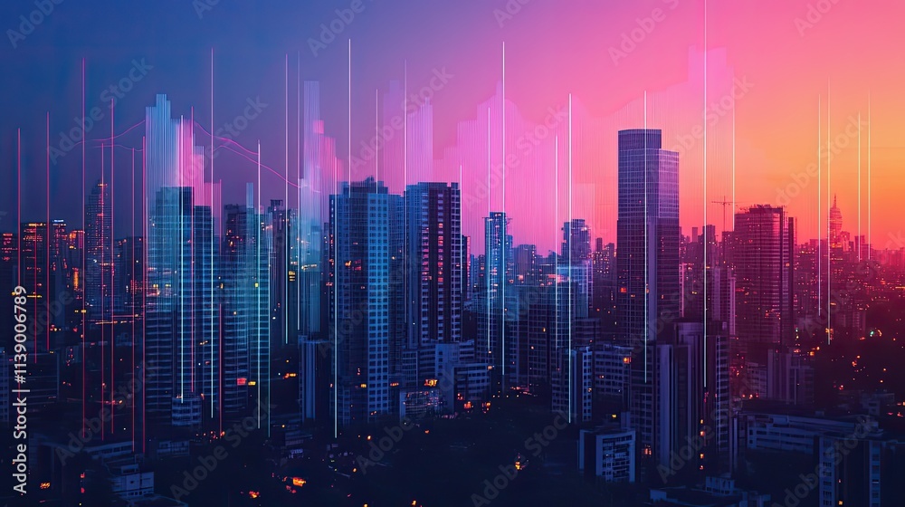 Vibrant city skyline at sunset with data overlay. Vibrant city skyline at sunset with data overlay.