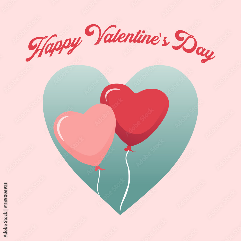 A festive Valentine's Day greeting with two heart-shaped balloons, one pink and one red, floating inside a larger heart-shaped frame.