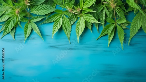 Vibrant Green Cannabis Leaves Over a Bold Blue Background Perfect for Nature and Wellness Themes