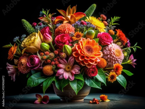 Wallpaper Mural High-resolution panoramic floral frame art, vibrant petals, intricate leaves against a black background.  Perfect botanical wall decor. Torontodigital.ca