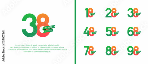 set of anniversary logo flat green and orange color with ribbon for celebration moment photo