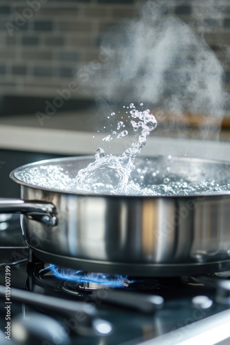 Boiling water splashing in a stainless steel pot on a stove in a kitchen photo