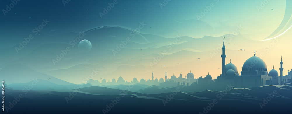 Obraz premium A Serene Landscape Capturing an Enchanting City Understated by Moonlight and Stars