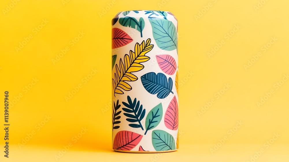 Obraz premium Vibrant Biodegradable Pill Bottle with Floral Pattern Against a Bright Yellow Background Ideal for Eco-Friendly Product Display and Marketing