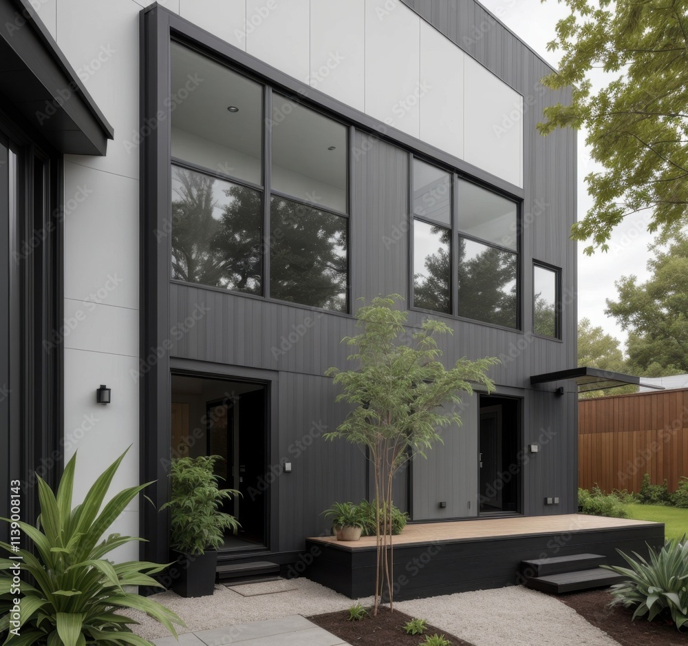 Modern architectural design featuring large windows and a landscaped entrance.