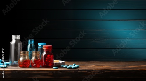 An Artistic Still Life Composition Featuring Various Colorful Bottles on a Wooden Surface. Background for copy space