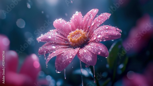 Vibrant Macro Close-Up of Pink Flower with Raindrops in Peaceful Garden Setting