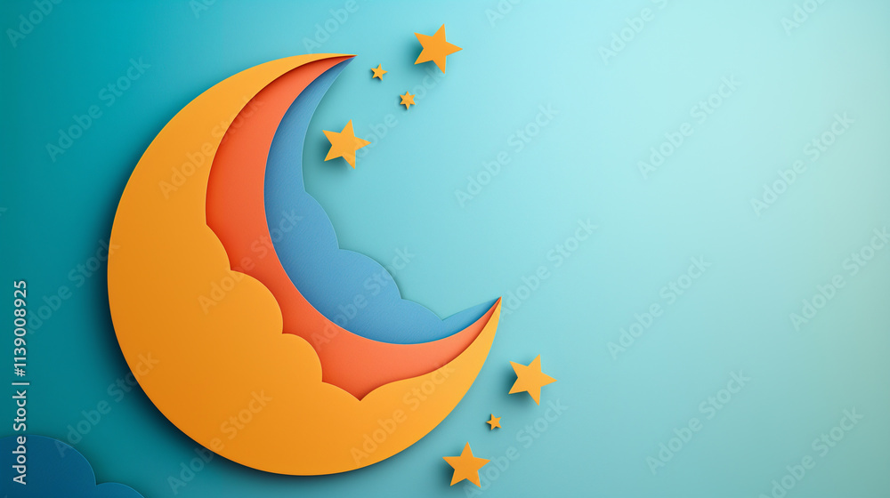 Creative Paper Cutout Illustration of a Colorful Moon and Stars Against a Soft Sky Background Creative Paper Cutout Illustration of a Colorful Moon and Stars Against a Soft Sky Background