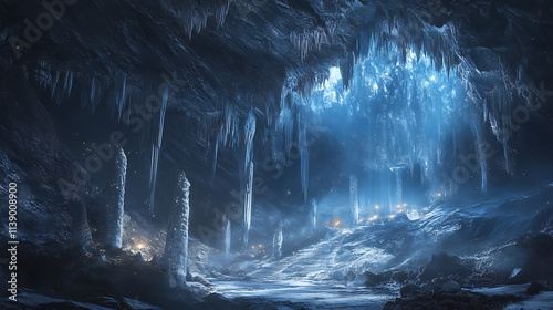 Mystical Frozen Cave - A breathtaking view of a glowing ice cave with stalactites and stalagmites photo