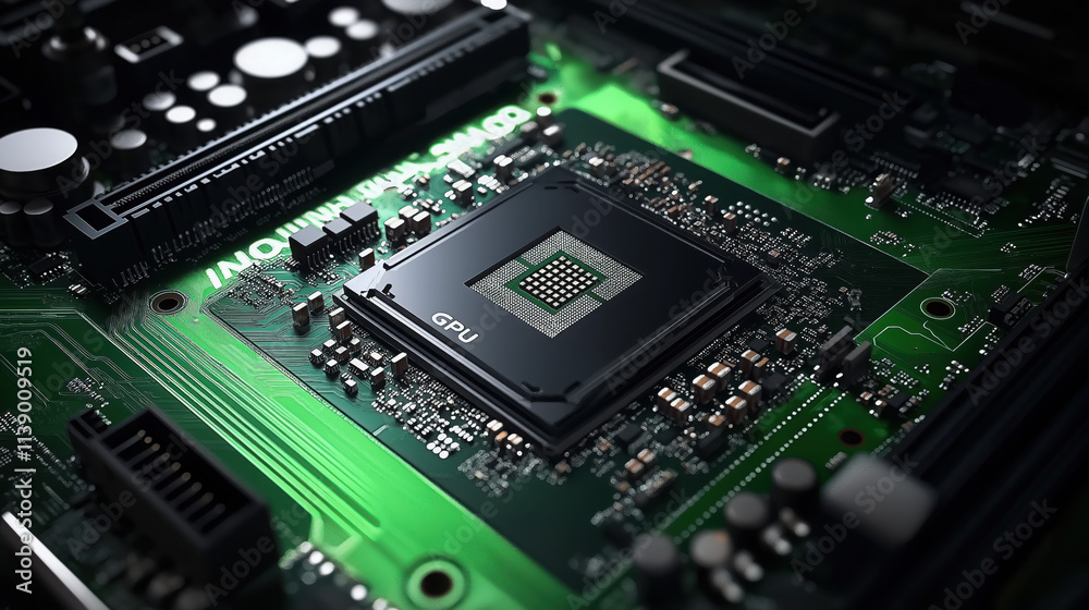 Close-Up of GPU Chip on Green Motherboard: Technology for Gaming and Computing Close-Up of GPU Chip on Green Motherboard: Technology for Gaming and Computing
