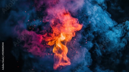 Swirling orange and blue smoke with glowing sparks on a dark background