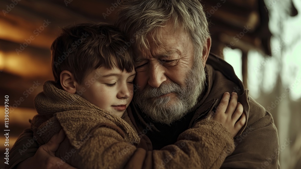 Heartwarming Grandfather and Grandson Embrace Full of Love and Connection in Rustic Winter Setting Heartwarming Grandfather and Grandson Embrace Full of Love and Connection in Rustic Winter Setting