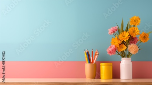 Vibrant Desk Decor Featuring Colorful Flowers, Art Supplies, and a Stylish Backdrop